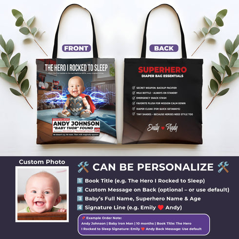 Personalized Baby Thor Superhero Tote Bag – Custom Photo, Name & Funny Message for Mom